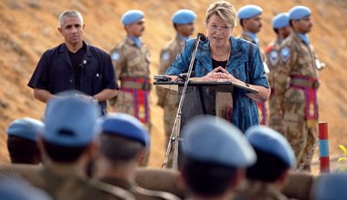 Ellen Margrethe Løj addresses UNPOL and Liberia National Police at Paynesville in Monrovia. Photo: Staton Winter | UNMIL | 24 Apr 10