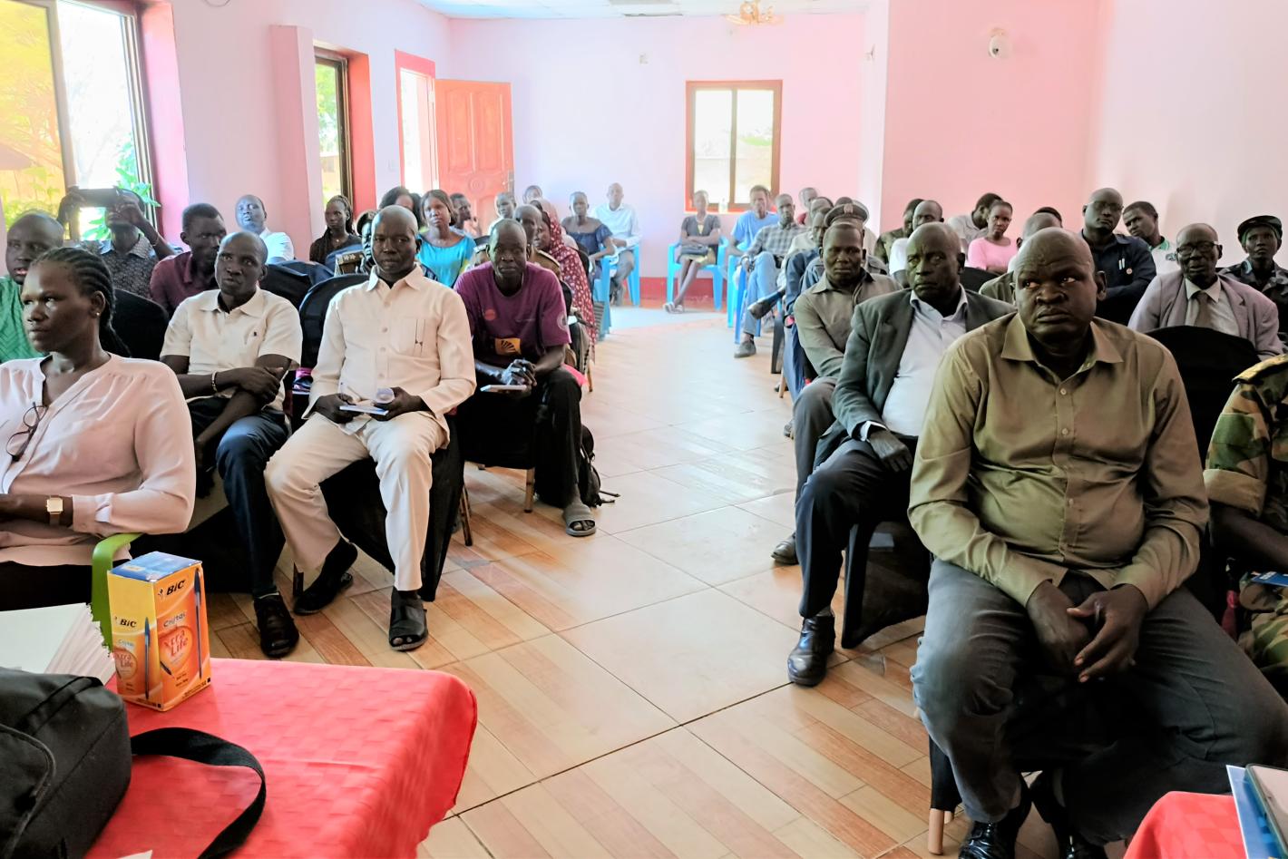 Jonglei State has formed a special entity to take on the daunting task of coordinating the prevention of and response to incidents of sexual and gender-based violence. Photo by Mach Samuel/UNMISS. A room of people sitting in seats in rows with a aisle down the middle.