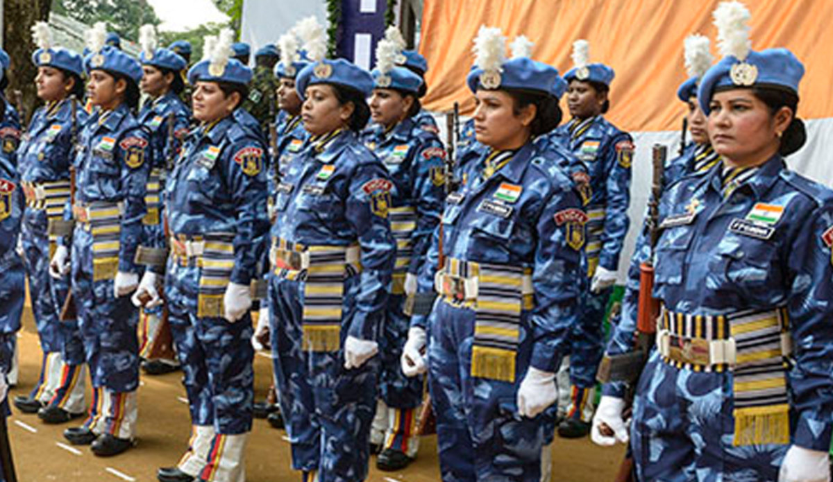 Members of the all female Indian FPU during their farewell parade