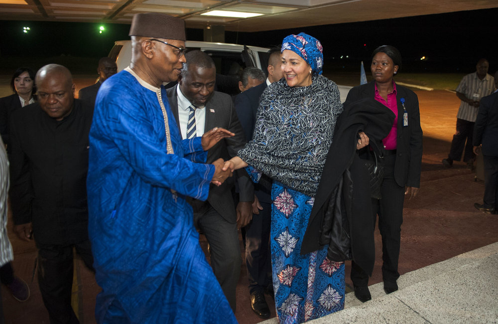 21 March 2018. Monrovia: (Center) The United Nations Deputy Secretary General,  Amina J. Mohammed, greets the (left) Special Representative and Head of the United Nations Office for West Africa and the Sahel (UNOWAS), Mohammed Ibn Chambas, at her arrival at the Roberts International Airport in Harbel, Liberia. Amina J. Mohammed is visiting the country to attend the celebrations of the completion of the UNMIL Mandate. Photo by Albert Gonzalez Farran - UNMIL