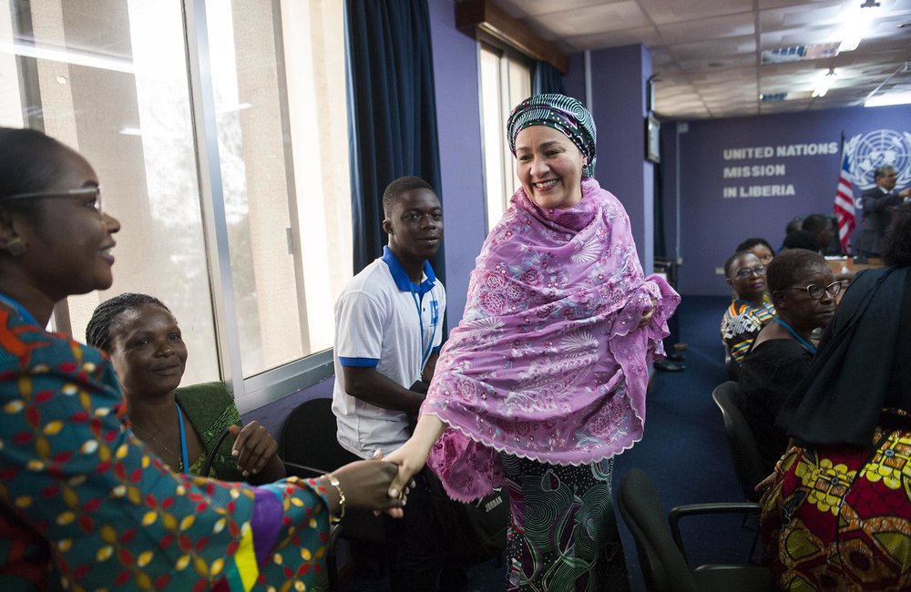 22 March 2018. Monrovia: (Center) The United Nations Deputy Secretary General,  Amina J. Mohammed, greets representatives of Liberian youth and women organizations at the UNMIL headquarters in Monrovia, Liberia.. Amina J. Mohammed is visiting the country to attend the celebrations of the completion of the UNMIL Mandate. Photo by Albert Gonzalez Farran - UNMIL