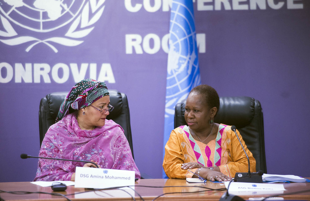 22 March 2018. Monrovia: (Left to right) The United Nations Deputy Secretary General, Amina J. Mohammed, and the Assistant Secretary-General for Peacekeeping Operations, Bintou Keita, talk during a meeting with representatives of Liberian youth and women organizations at the UNMIL headquarters in Monrovia, Liberia.. Amina J. Mohammed is visiting the country to attend the celebrations of the completion of the UNMIL Mandate. Photo by Albert Gonzalez Farran - UNMIL
