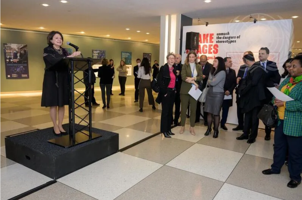 Under-Secretary-General for Political and Peacebuilding Affairs Rosemary DiCarlo (at left at podium), addresses the opening of the exhibit “Diplomacy for Peace” organized by the Department of Political and Peacebuilding Affairs (DPPA).