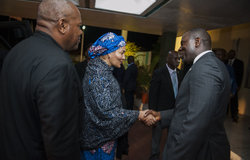 21 March 2018. Monrovia: (Center) The United Nations Deputy Secretary General,  Amina J. Mohammed, greets (right) the acting Minister of Foreign Affair of Liberia, Elias B. Shoniyi, at her arrival at the Roberts International Airport in Harbel, Liberia. Amina J. Mohammed is visiting the country to attend the celebrations of the completion of the UNMIL Mandate. Photo by Albert Gonzalez Farran - UNMIL